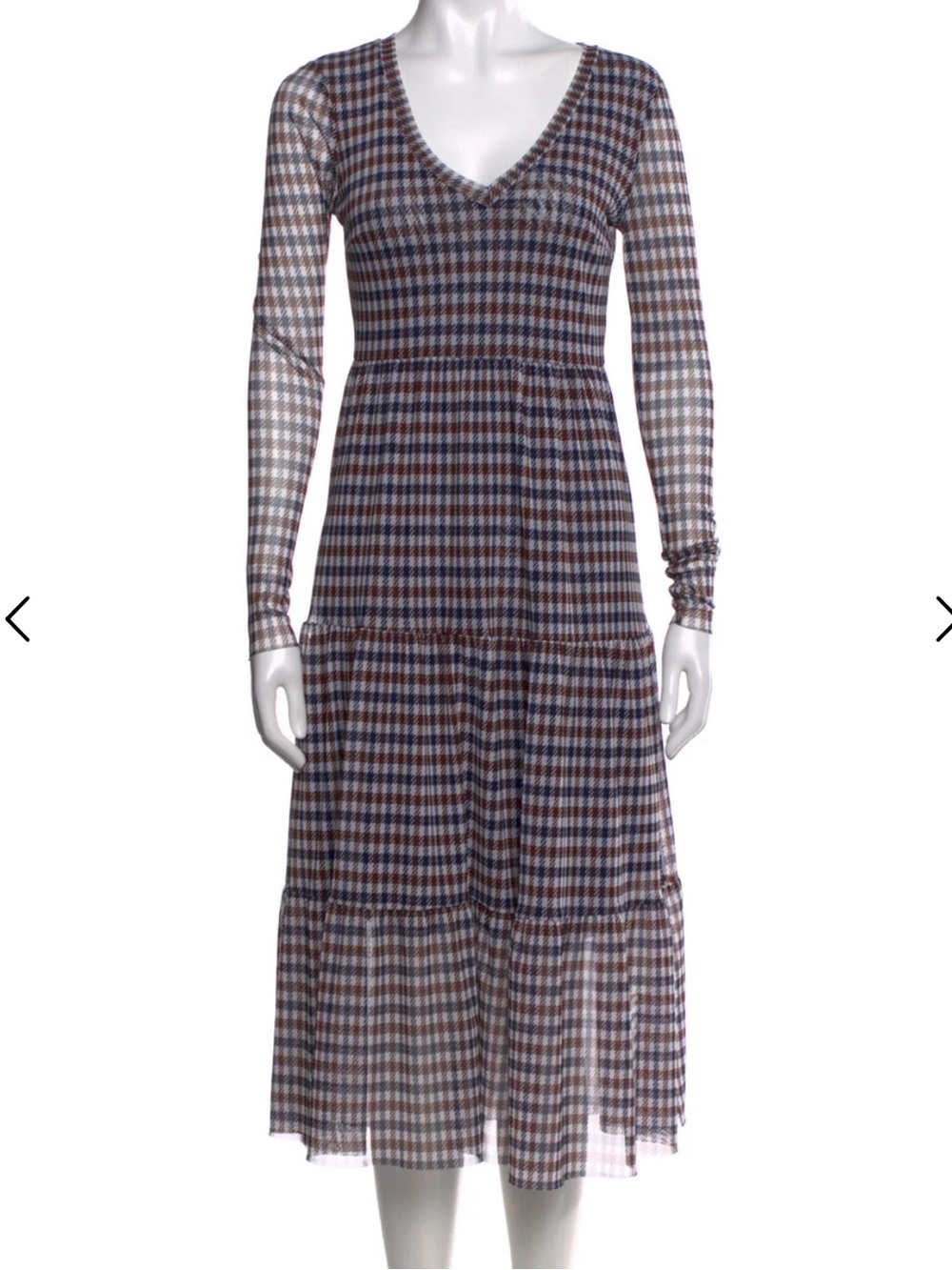 Plaid Long Sleeve V-Neck Midi Dress - Brown & Blue